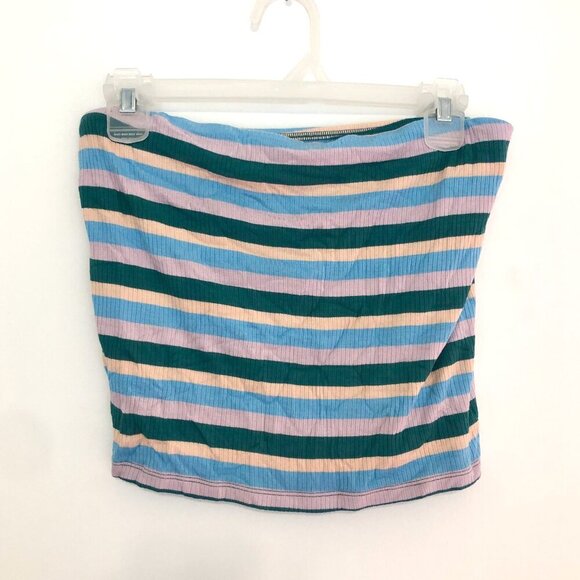 NEW NWT AMERICAN EAGLE Soft & Sexy Rib Blue Multi Stripe Tube Top Crop Top Large - Picture 1 of 9